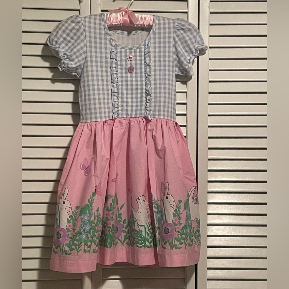 Eleanor Rose Blue Gingham and Pink Easter Bunny Dress Size 7/8